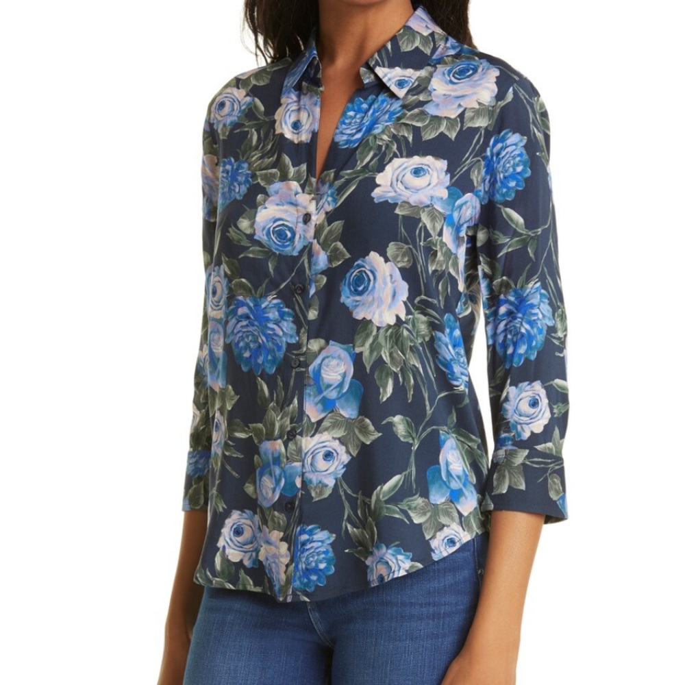 L'Agence Camille Floral High-Low Blouse navy green 3/4 sleeve button down size S